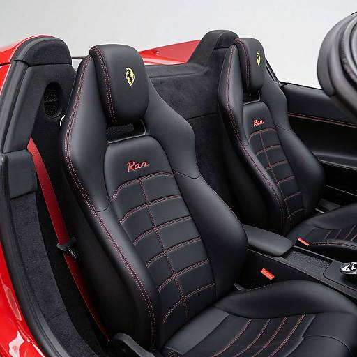 Photograph of a Ferrari convertible's black leather seats with red stitching, featuring the Ferrari logo on the headrests and 