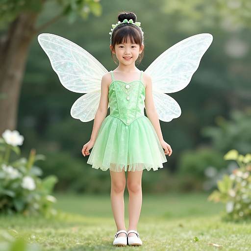 Photograph of a smiling young Asian girl with black hair in a bun, wearing a green fairy dress and transparent wings, standing in a sunlit,