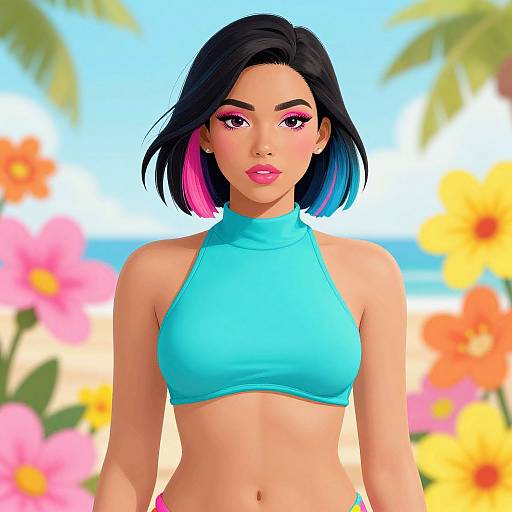 Digital illustration of a beautiful woman with black and pink ombre hair, wearing a turquoise halter top, standing on a sunny beach with vibrant flowers