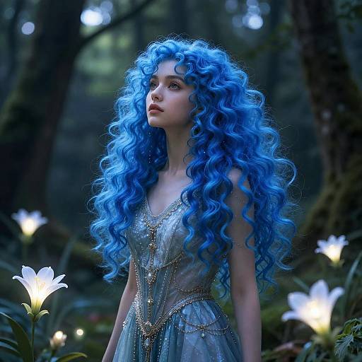 Curly Blue-Haired Goddess in Mystical Forest