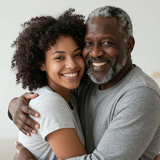 Photograph of a smiling African-American couple with curly hair and gray beard, hugging closely, wearing light gray shirts against a white background.