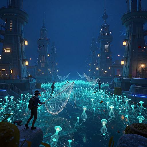 Photograph of a futuristic cityscape at night, illuminated by glowing blue jellyfish-like lights, surrounded by silhouetted people casting nets, with