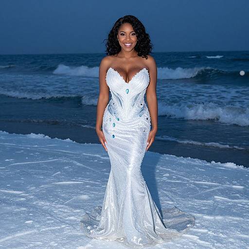Photograph of a smiling black woman with curly hair in a white, strapless, deep V-neck mermaid gown standing on a moonlit beach with