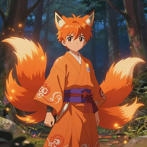 Fiery Anime Fox Boy in Kimono