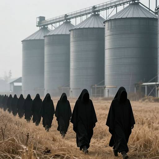 Photograph of a line of black-robed figures walking towards large, silver grain silos in a foggy, grassy field.