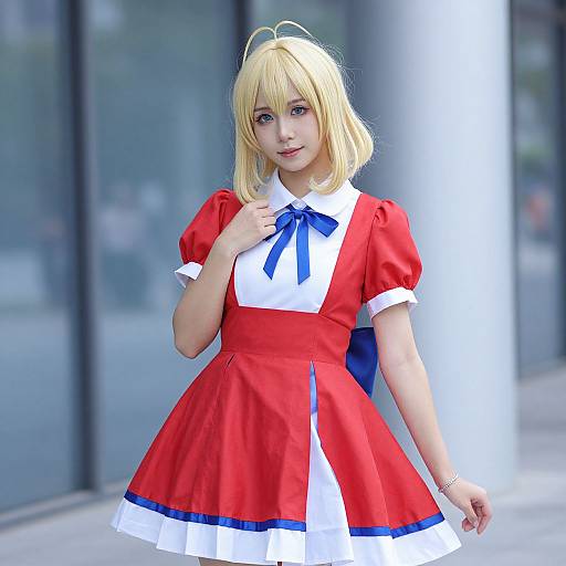 Photorealistic CGI of a blonde anime-style woman in a red and white dress with blue ribbon, standing outdoors near glass buildings.