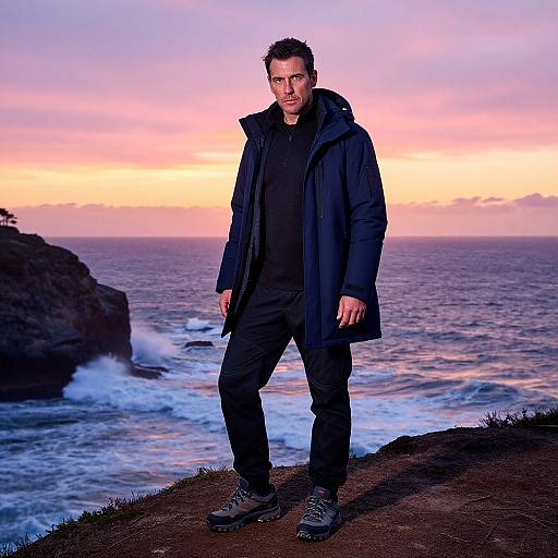 Photograph of a man in a black coat and pants, standing on a cliff at sunset, with waves crashing below.