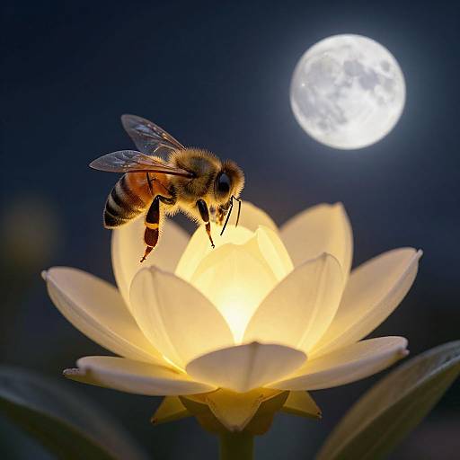 Photograph of a honeybee with striped abdomen and transparent wings, perched on a glowing white lotus flower, against a dark night sky with a