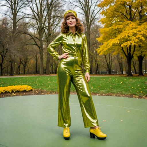 Woman in 70s Sequined Jumpsuit and Platform Shoes