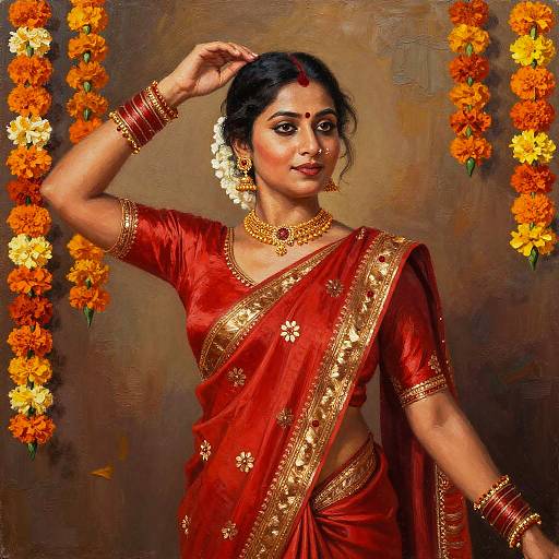 Indian Woman in Red Saree Painting