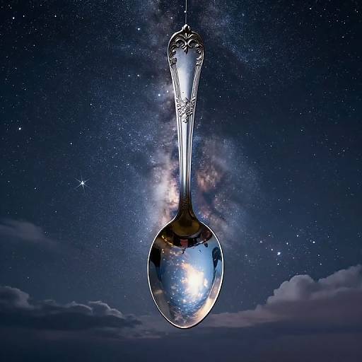 Photograph of a reflective silver spoon with intricate top design, hanging against a starry night sky and galaxy, with clouds below.
