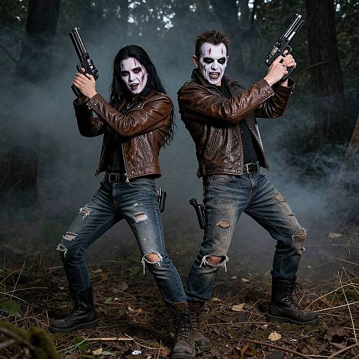 Photograph of two pale, face-painted men in leather jackets and ripped jeans, holding guns, standing back-to-back in a dark, misty