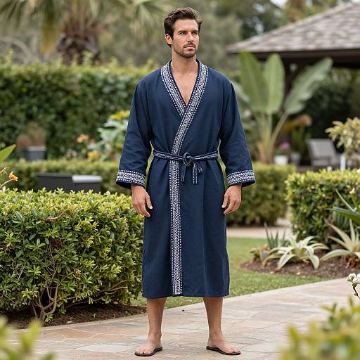 Photograph of a handsome, dark-haired man in a navy blue, patterned, robe standing barefoot on a patio, surrounded by lush greenery