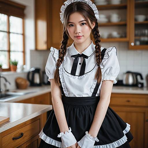 Young Woman in Maid Costume in Kitchen