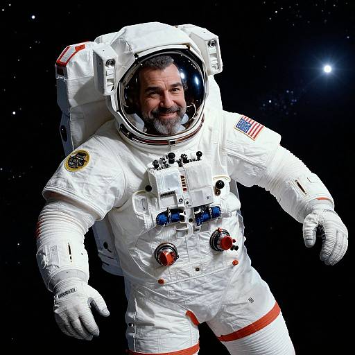 Photograph of a bearded middle-aged man in a white NASA spacesuit with American flag patch, floating against a starry space background.