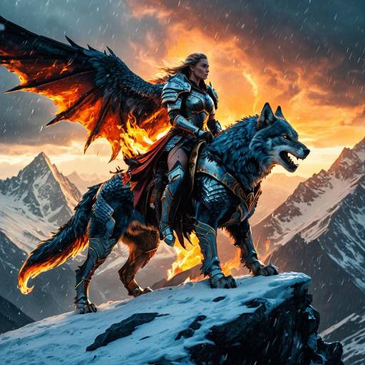 Armored Valkyrie Riding Flaming Wolf on Mountain Peak