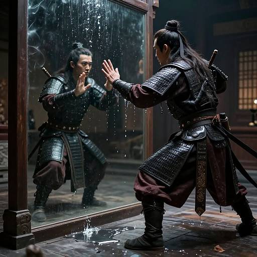 Photorealistic digital art of a samurai with long black hair in a topknot, wearing armor, pressing hands against a rain-streaked