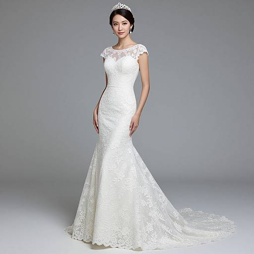 Photograph of an Asian woman in a white lace, form-fitting, mermaid-style wedding dress with a lace tiara, standing against a plain