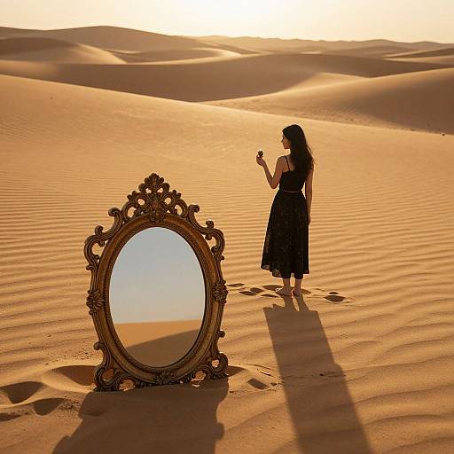 Silhouetted woman in black dress holds mirror frame in sunlit desert, casting long shadow on rippled sand dunes. Photograph.