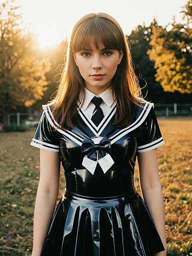 Woman in Latex Schoolgirl Costume Outdoor Portrait