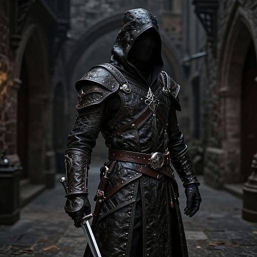 Photograph of a hooded, armored medieval warrior in dark leather, holding a sword, standing in a dimly lit, gothic stone archway