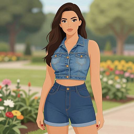 Digital artwork of a brunette woman with long hair, wearing a blue denim sleeveless crop top and high-waisted shorts, standing in a colorful,