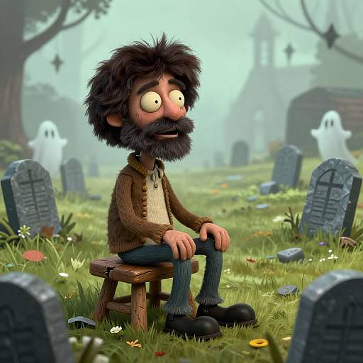 CGI image of a scared, bearded man with wild hair, brown jacket, and blue jeans sitting on a wooden bench in a foggy,