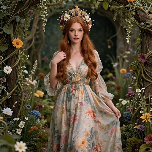 Digital artwork of a red-haired woman with a floral crown, wearing a flowing, floral-patterned dress, standing in a vibrant garden archway.