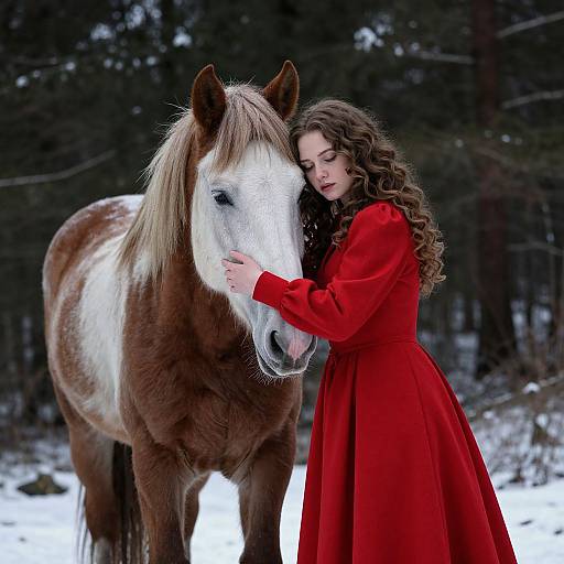 Photograph of a woman with curly brown hair in a red dress gently touching a brown and white horse's face in a snowy forest.