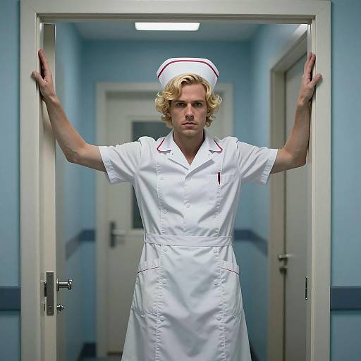 Cinematic Nurse in Blue Hallway