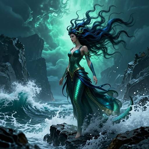 Digital fantasy artwork of a powerful mermaid with flowing black hair, wearing a green and gold scale armor, standing on rocky shore amidst turbulent waves under a