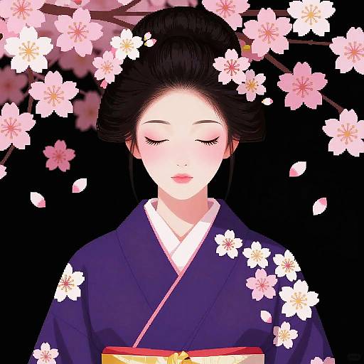 Digital anime-style portrait of a serene woman with closed eyes, wearing a navy kimono, surrounded by blooming pink cherry blossoms against a black background