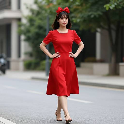 Photograph of an Asian woman with fair skin, black hair, and red bow, wearing a red short-sleeve dress and heels, standing confidently