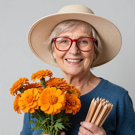 Cheerful Senior Woman with Marigolds