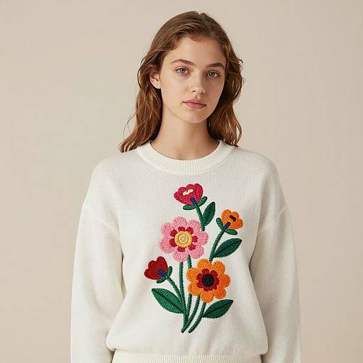 Young Woman in White Floral Embroidered Sweater