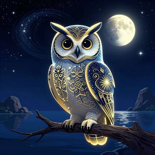 Digital artwork of a glowing, intricately patterned owl perched on a branch under a full moonlit, starry night sky.