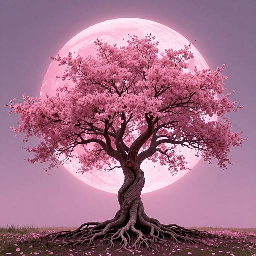 Photograph of a pink cherry blossom tree with twisted trunk, rooted in grass, set against a large, glowing pink full moon in a purple sky.