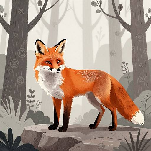 Digital illustration of a vibrant red fox with white underbelly and black legs, standing on a rock in a foggy forest. Tall trees and sparse