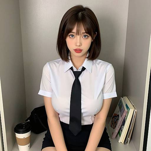 Digital anime-style photograph of an Asian woman with short brown hair, wearing a white shirt, black tie, and skirt, sitting in a gray cubicle