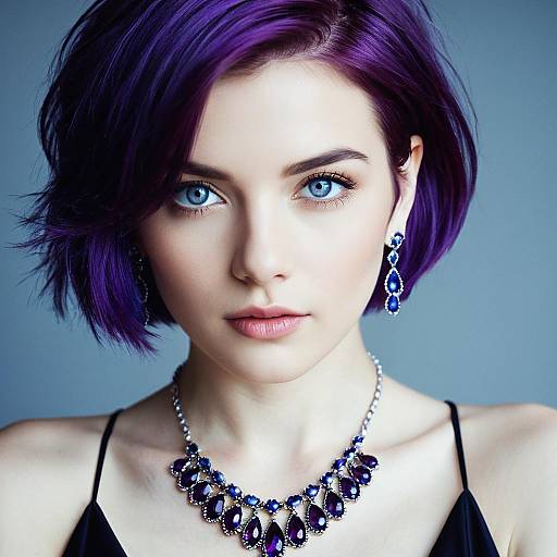 Portrait of Woman with Purple Hair and Blue Jewelry