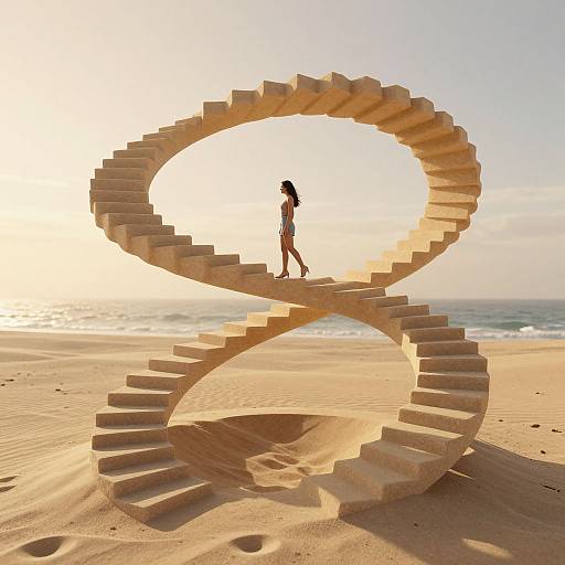 Photograph: Silhouetted woman walking on a spiral stone staircase on a sandy beach at sunset, with the ocean in the background.