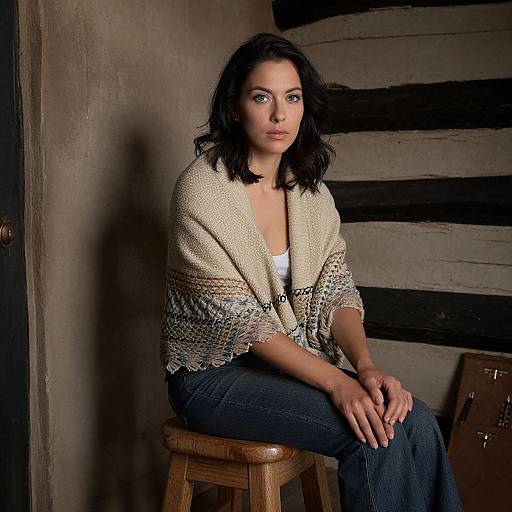 Photograph of a young woman with dark hair, blue eyes, wearing a cream lace shawl and dark jeans, sitting on a wooden stool against a