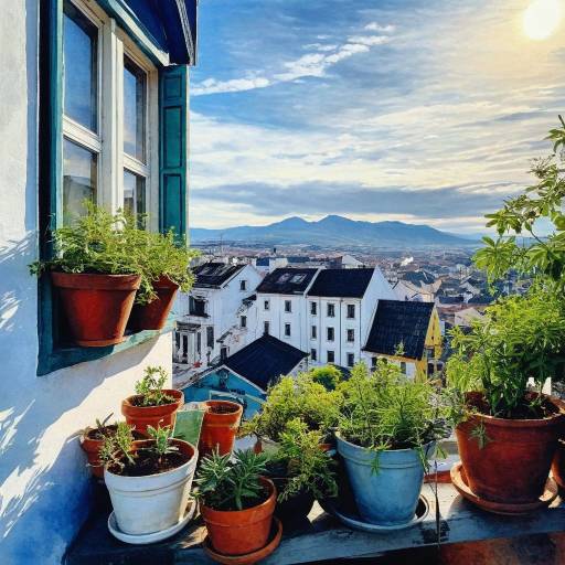 Watercolor Cityscape with Potted Plants
