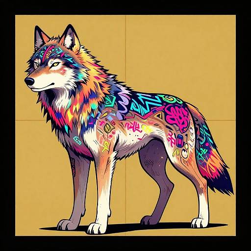 Vibrant digital drawing of a wolf with multicolored, neon-patterned fur on a yellow background, featuring intricate blue, pink, and orange