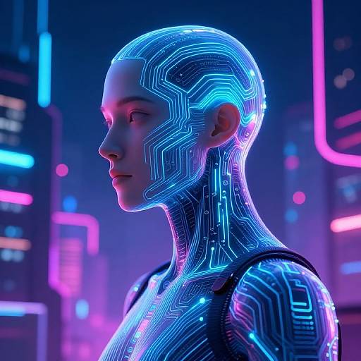 Neon-lit cyber portrait of a bald, futuristic human with glowing blue circuit patterns on their face and body, set against a vibrant cityscape with