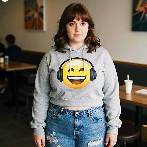 Photograph of a fair-skinned woman with brown hair, wearing a gray hoodie with a smiling headphone emoji, and distressed blue jeans, standing in a