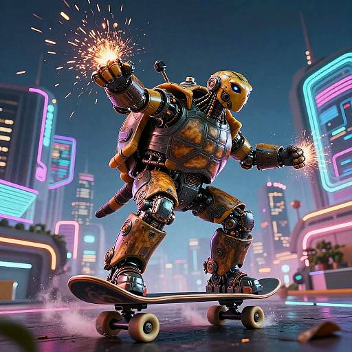 CGI image of a robotic figure sparking from fists, skateboarding in a neon-lit, futuristic cityscape with vibrant, colorful lights.