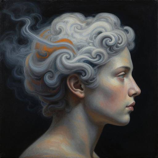 Digital painting of a serene, ethereal woman with flowing, swirling white hair, pale skin, and soft colors against a dark background.
