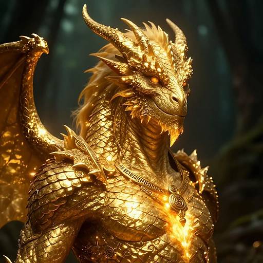 Photorealistic CGI of a golden, ornate dragon with glowing eyes and intricate scales, standing in a dark, forested background.