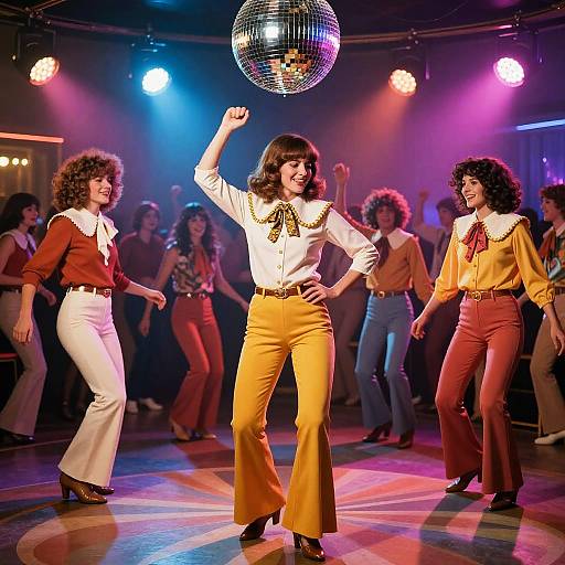 Photograph of 1970s disco scene: three women with curly hair dancing under a spinning mirror ball, wearing vintage tops and flared pants,